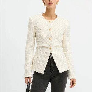 Tweed Round Neck Waist Cinching Blazer